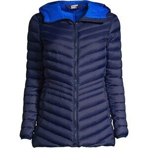 Lands End Women's Wanderweight Packable Down Hooded Long Jacket, NWT, Deep Navy,